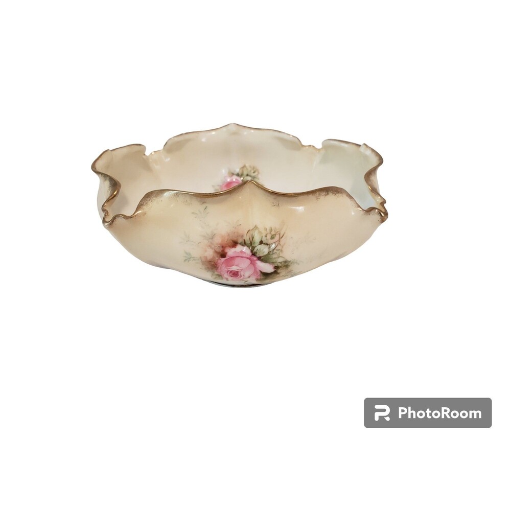 Antique RS Prussia Pink Roses Porcelain Serving Bowl Gilt Red Green Wreath 1900s